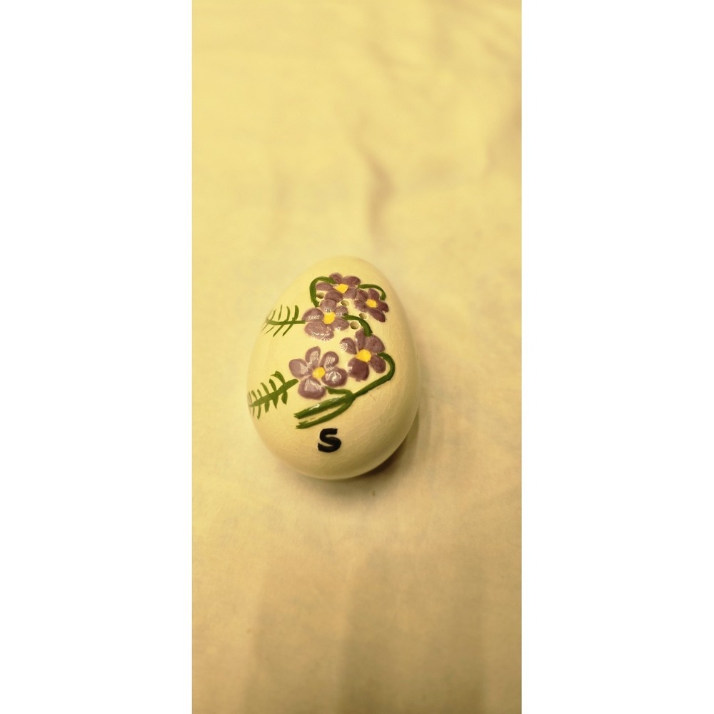 white ceramic Easter egg salt shaker with hand-painted purple flowers
